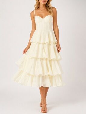 STEPS New York ivory white ruffled maxi gown dress 8435